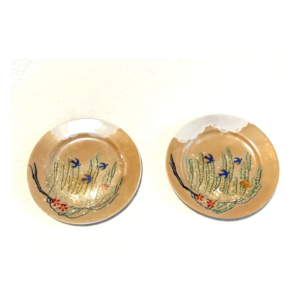 Vintage Lusterware 7.25"D Peach Blue Hand Painted Flowers Birds Japan Plates-2